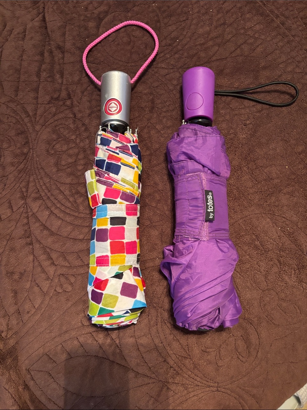 Totes Purple Compact Umbrella and Multicolor Tile-Print Umbrella, Set of 2